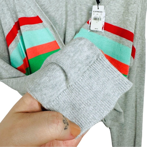 Express Varsity Striped Slouchy V Neck Button Down Rainbow Gray Knit Cardigan - Picture 6 of 11